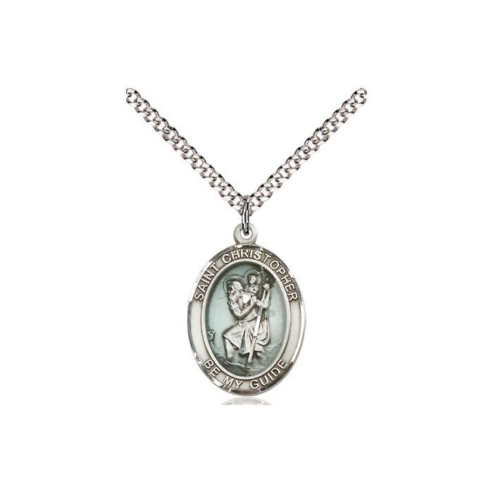       St. Christopher Sterling Silver Blue Epoxy w/ 20" Rhodium Chain w/ Clasp - 8022ESS/20S C52-LC