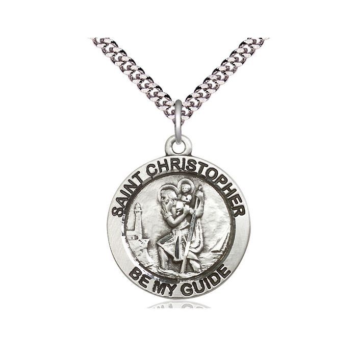       St. Christopher Sterling Silver Medal w/ 24' Rhodium Chain w/ Clasp - 4075SS/24S-LC C54-LC