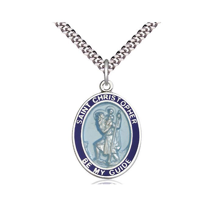       St. Christopher Sterling Silver Oval Medal w/ Blue Border and 24" Rhodium Chain - 7022BBSS/24S-LC 