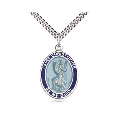 St. Christopher Sterling Silver Oval Medal w/ Blue Border and 24" Rhodium Chain - 7022BBSS/24S-LC
