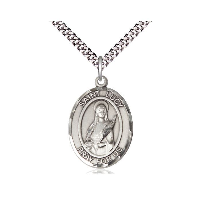       St. Lucy Sterling Silver Oval Medal w/ 24" Rhodium Chain and Clasp - 7422SS/24S-LC C54-LC