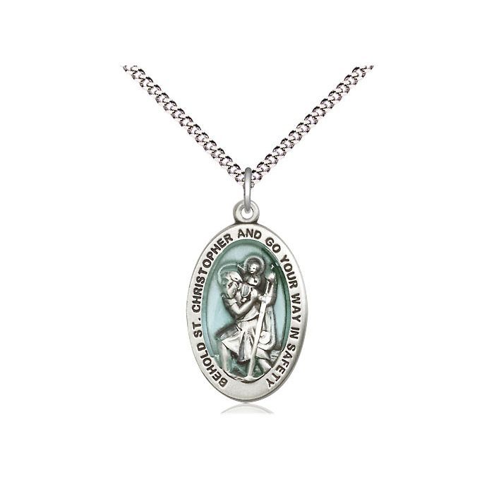       St. Christopher Sterling Silver Blue Epoxy Medal w/ 18" Rhodium Chain w/ Clasp - 4123ECSS/18S C50-LC