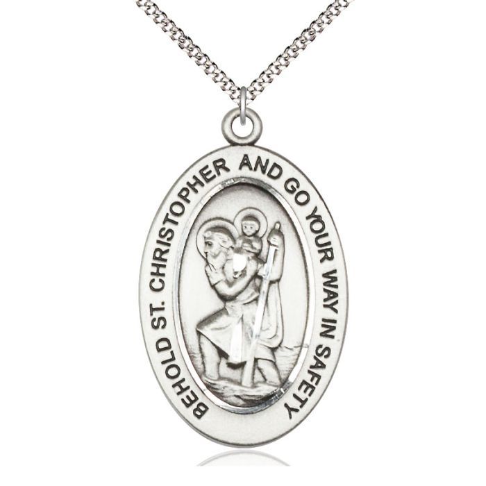       St. Christopher Sterling Silver Oval Medal w/ 20" Rhodium Chain w/ Clasp - 11022SS/20S C52-LC