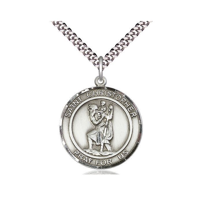       St. Christopher Sterling Silver Round Medal w/ 24" Rhodium Chain w/ Clasp - 7022RDSS/24S-LC C54-LC