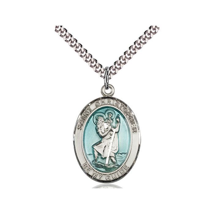       St. Christopher Sterling Silver Medal w/ Blue Epoxy inlay on 24" Rhodium Chain w/ Clasp - 7022ESS/24S-LC C54-LC