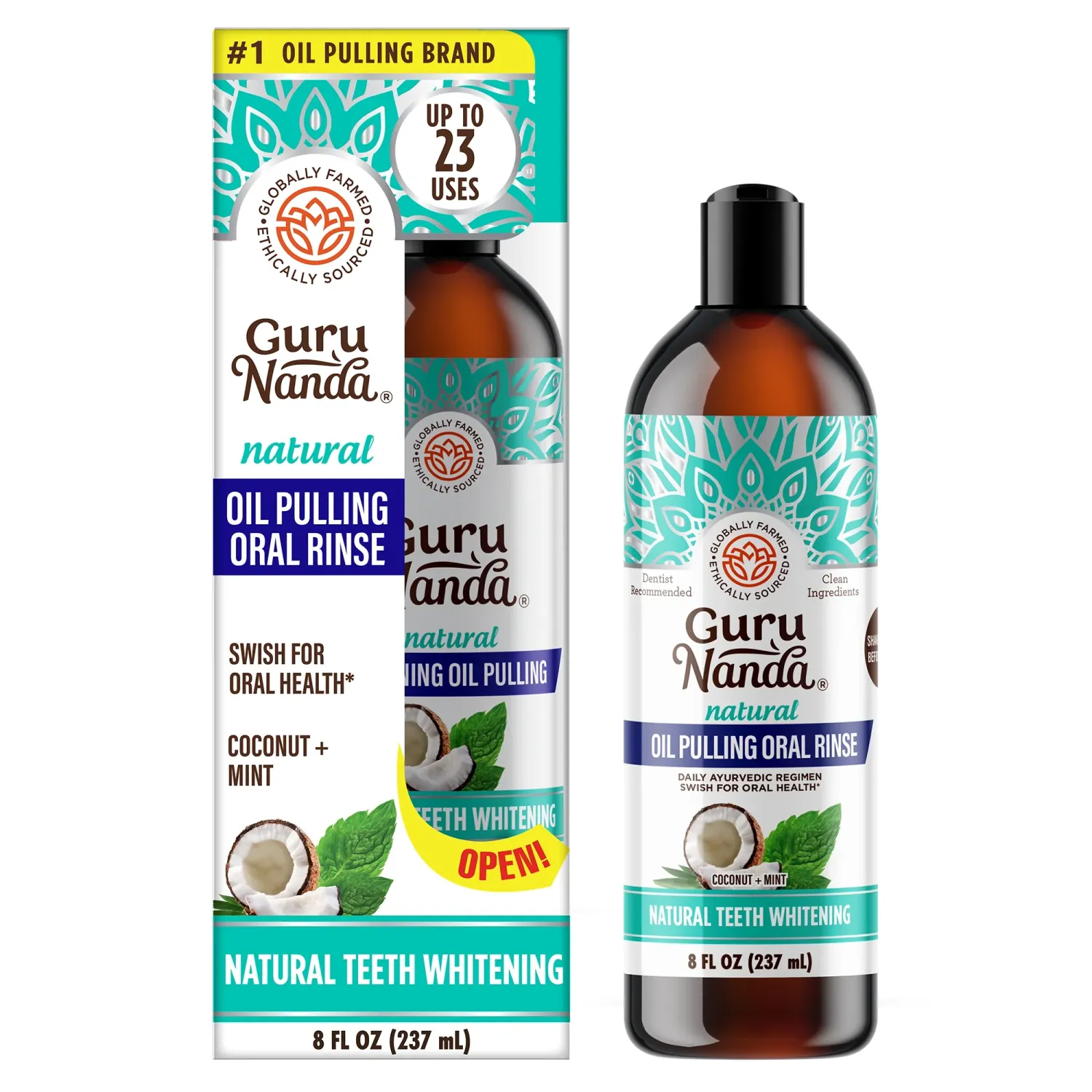 GuruNanda Oil with Coconut, Essential Oils &amp; Vitamins D3,E, K2 - Natural Mouthwash - 8 oz