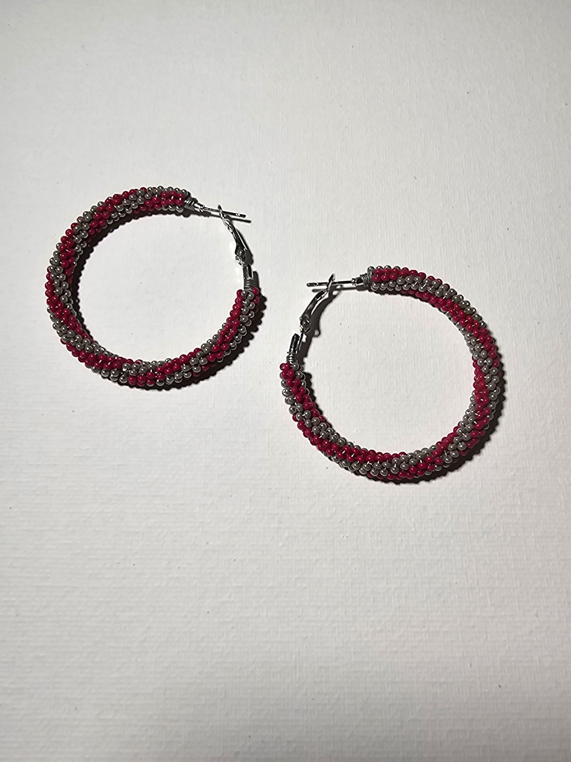 Large Hoops  - Dark Red &amp; Silver
