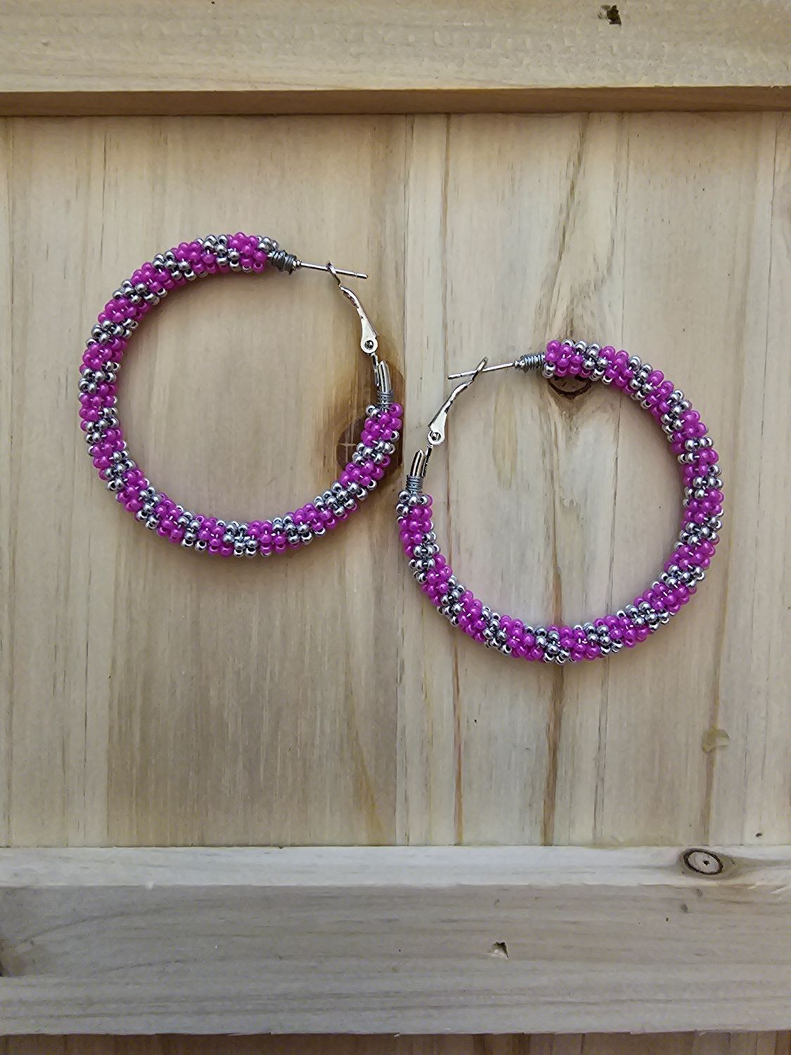 Large Hoops  - Hot Pink &amp; Silver Stripes