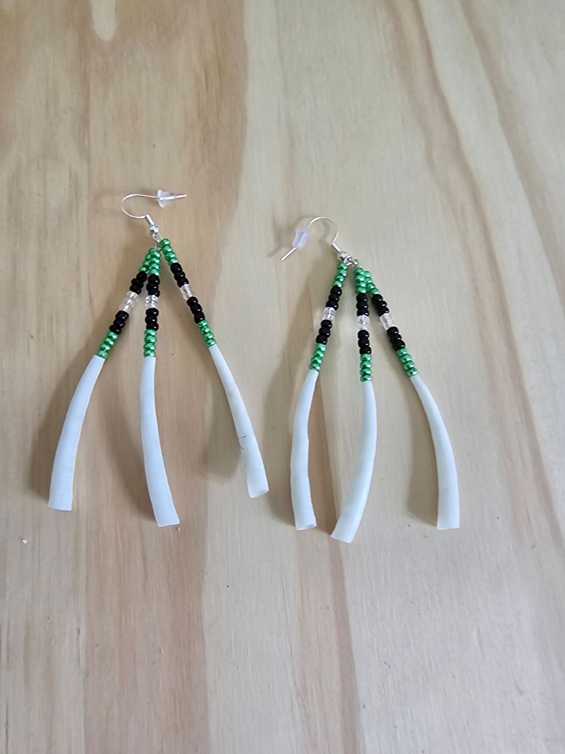 Dentalium Shell Dangle Earrings - Bright Green, Clear, &amp; Black