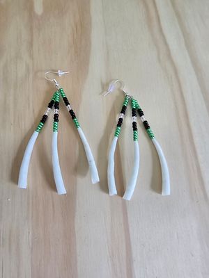 Dentalium Shell Dangle Earrings - Bright Green, Clear, &amp; Black