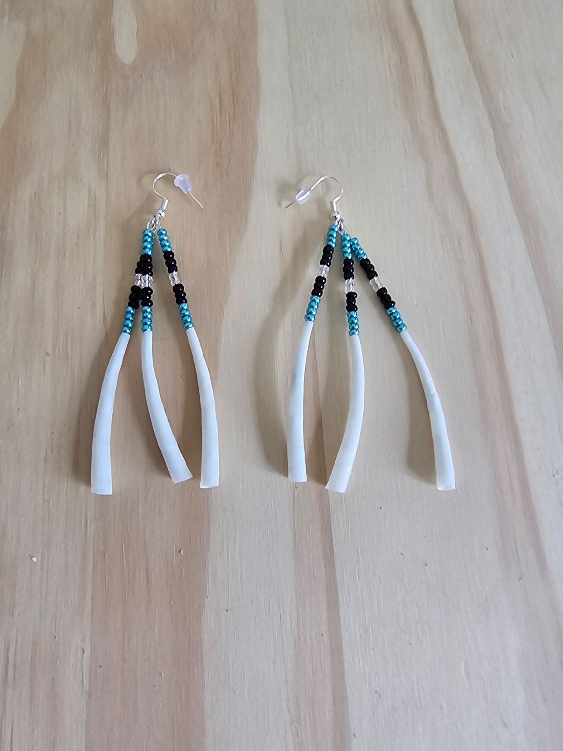 Dentalium Shell Dangle Earrings - Bright Turquoise, Clear, &amp; Black