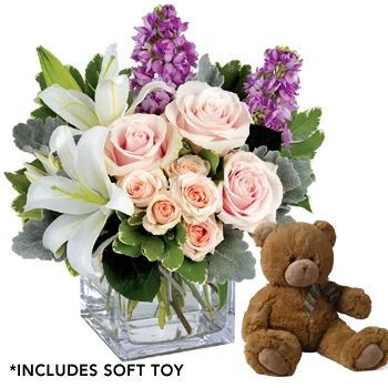 Watercolour Wishes Floral Arrangement with Teddy