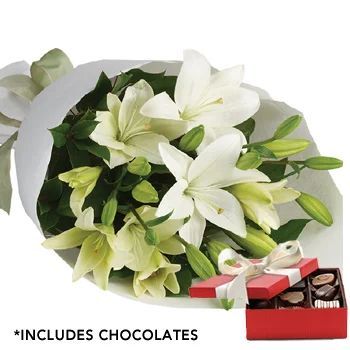 White Delight Flower Arrangement with Chocolate