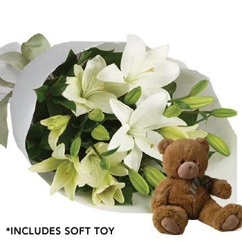 White Delight Flower Arrangement with Teddy