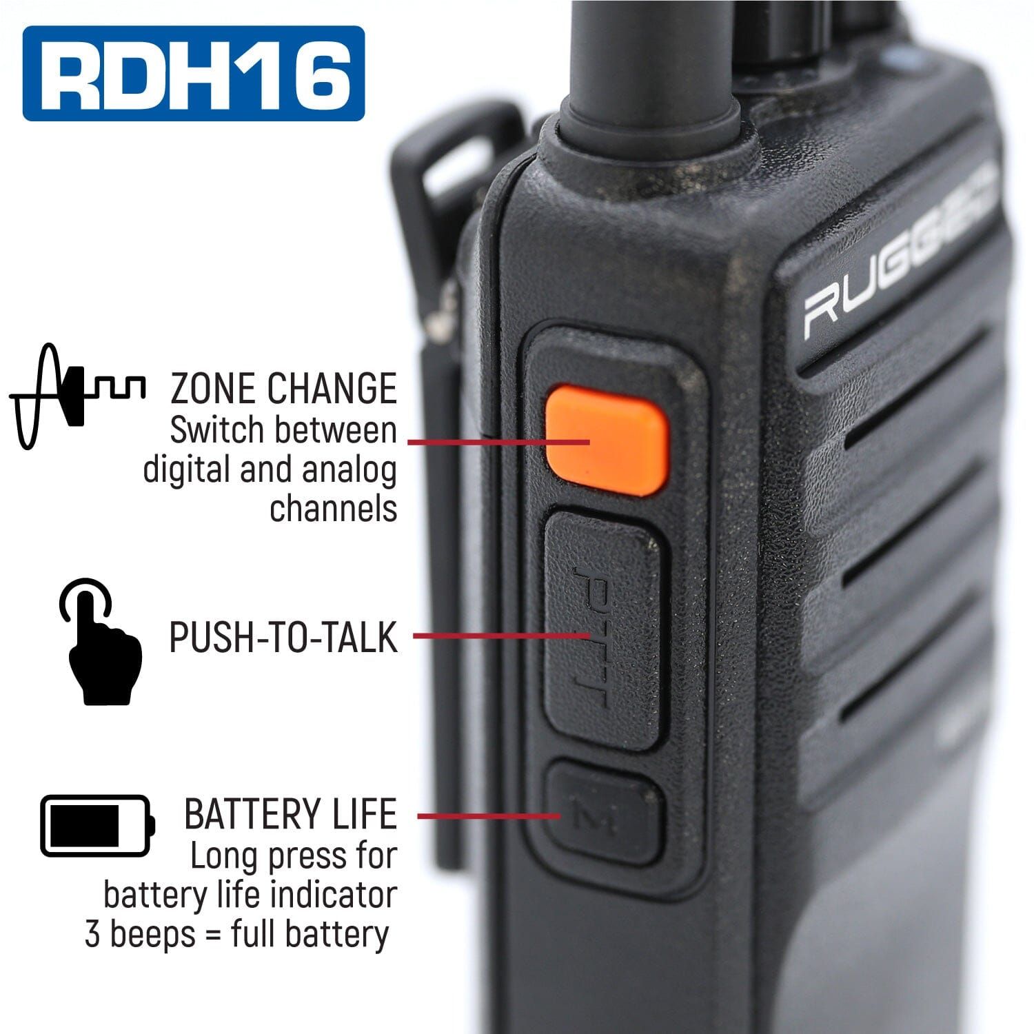 Rugged RDH16 - Business Band Two Way Handheld Radio - Digital and Analog VHF / Black