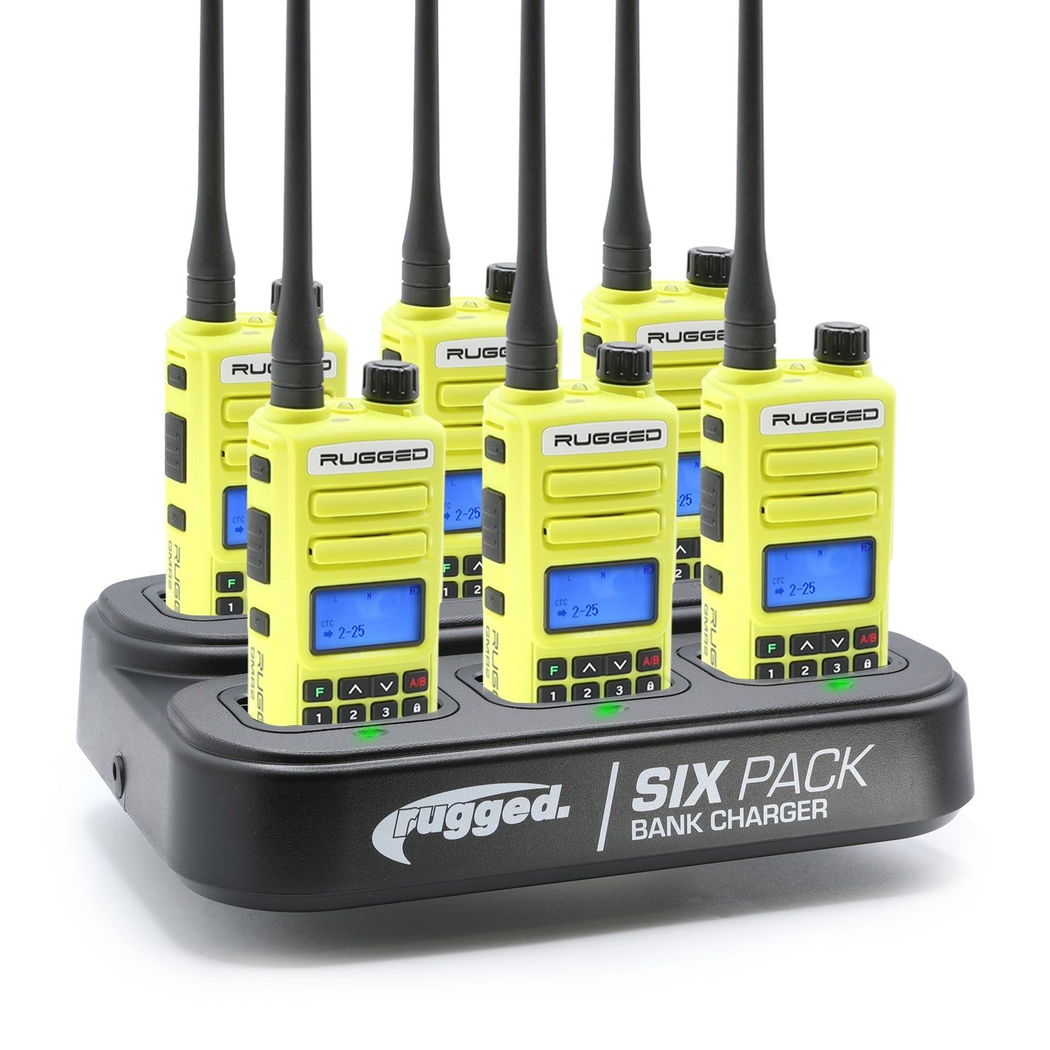 BUNDLE - 6 PACK Bank Charger with GMR2 PLUS GMRS / FRS Two Way Radios Safety Yellow