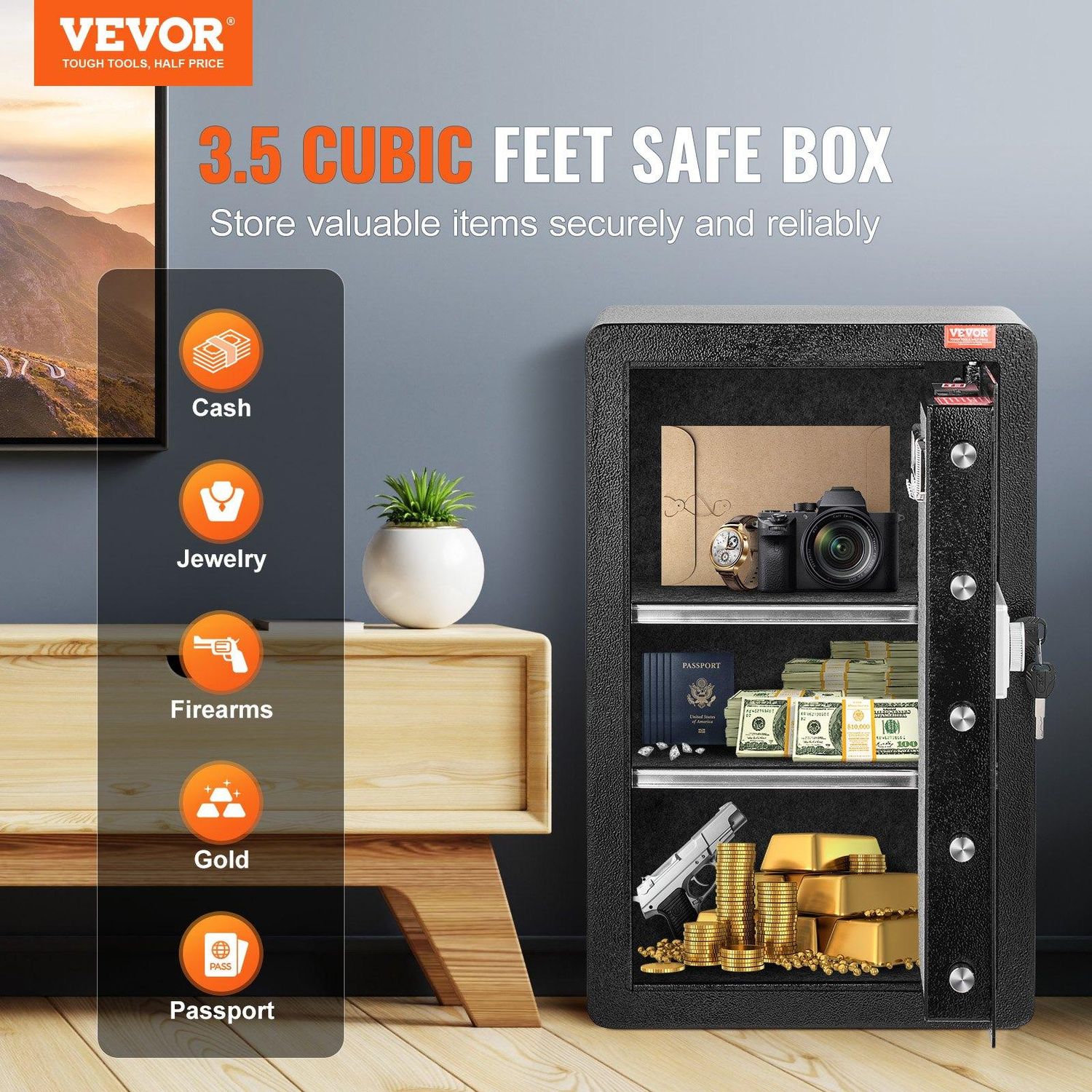 VEVOR Single Door 3.5 cu.ft Safe Box with Key Lock &amp; Password LED Light