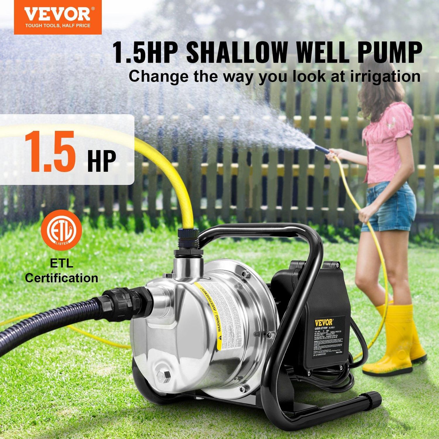 VEVOR Shallow Well Pump, 1.5 HP 115V, 1200 GPH 164 ft Height, 87 psi Max