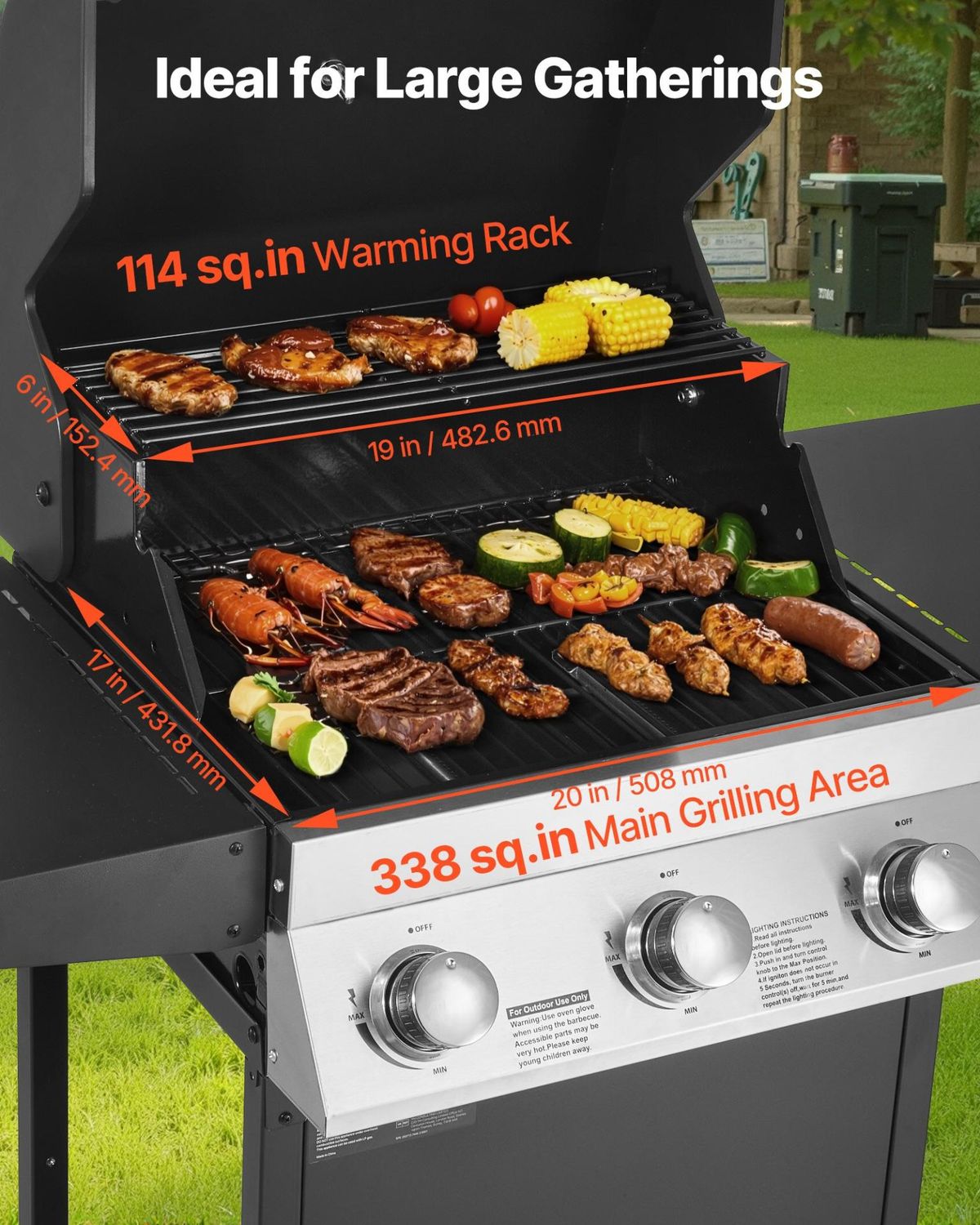VEVOR Gas Grill, 3 Burner Propane Gas Grill with Spacious 338 SQ.In Grilling