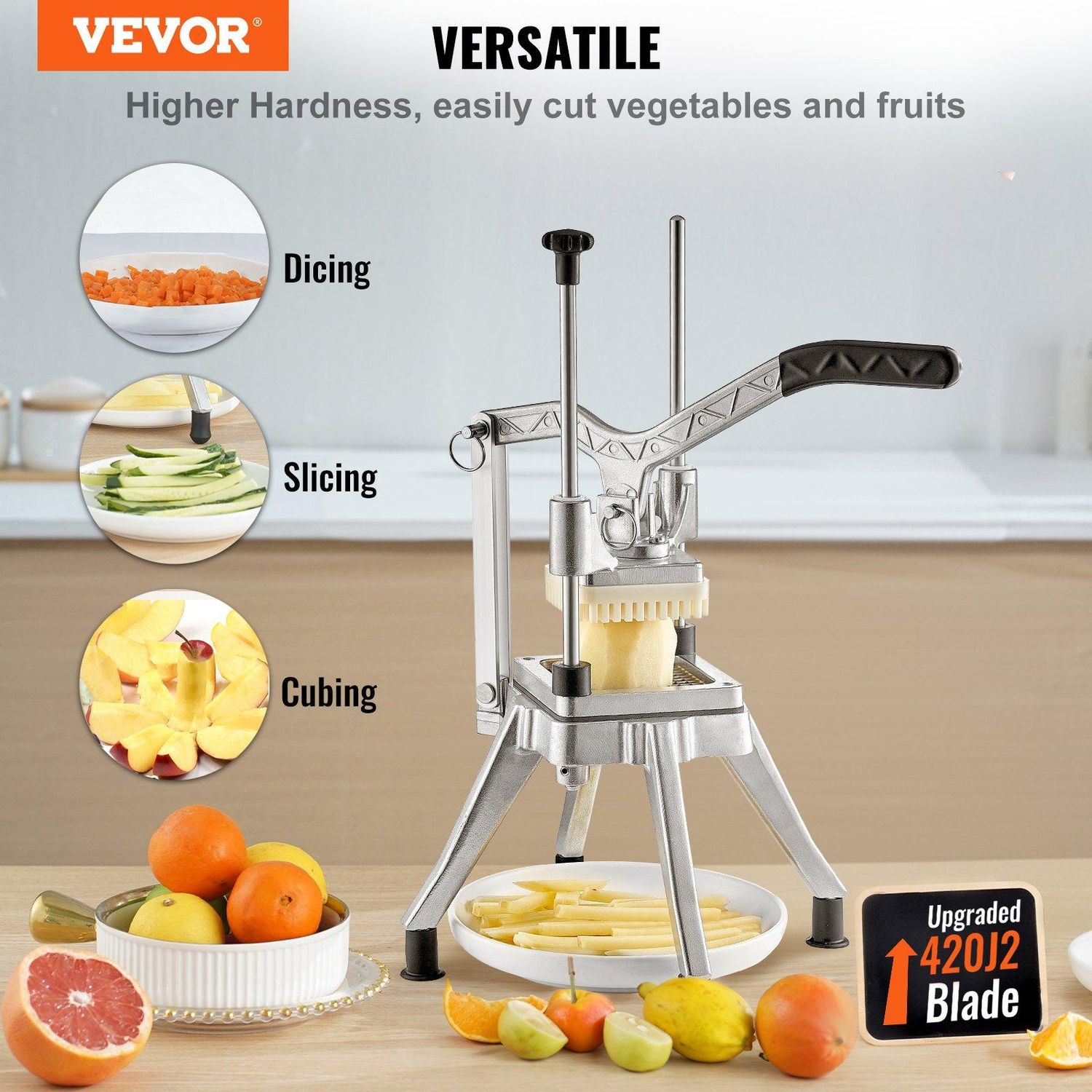 VEVOR Commercial Chopper with 4 Replacement Blades Commercial Vegetable Chopper, Slice Thickness: 1/2 inch + 3/8 inch + 1/4 inch + 6-Wedge Corer