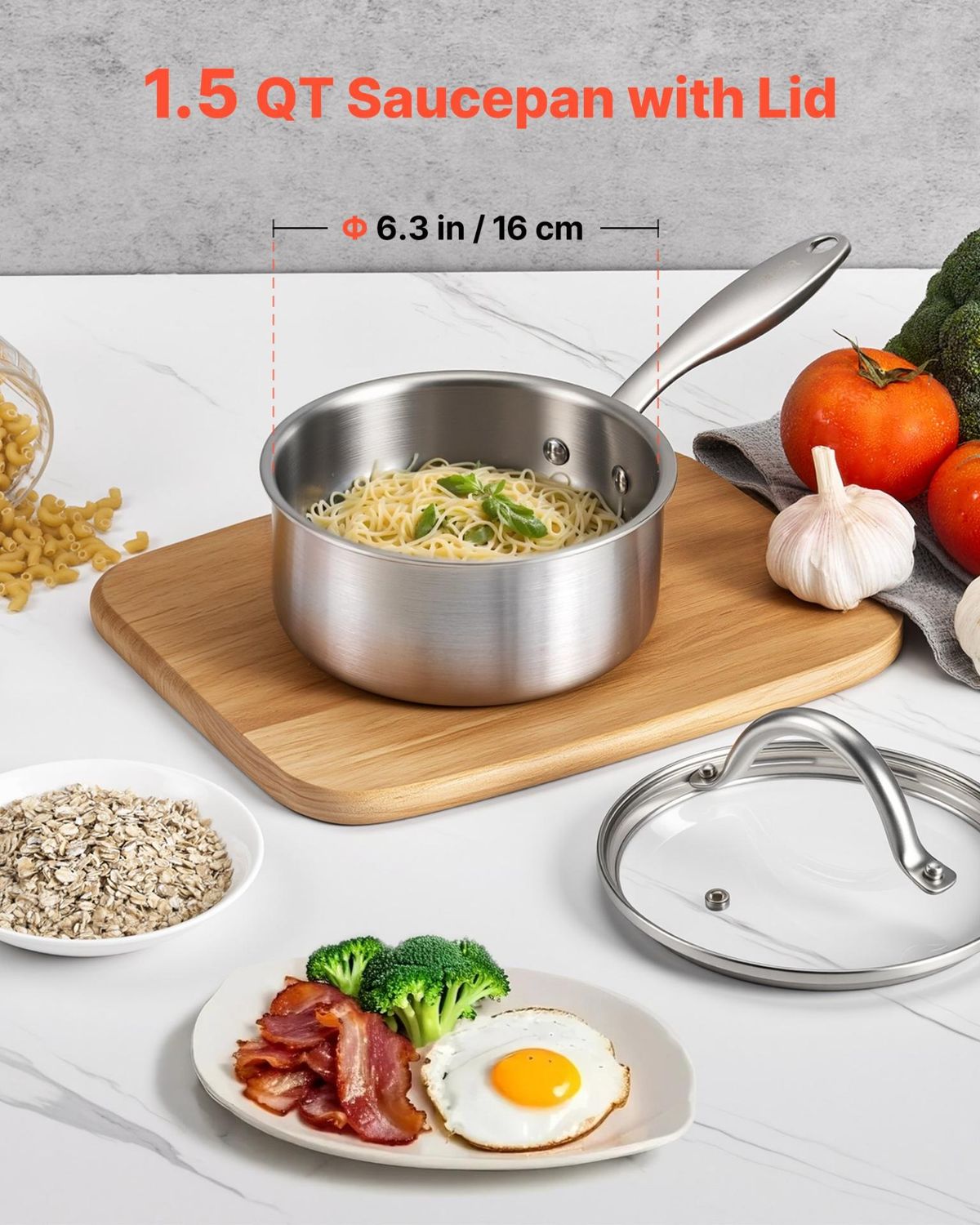 VEVOR 1.5 QT Saucepan, Stainless Steel Saucepan with Glass Lid, Multipurpose