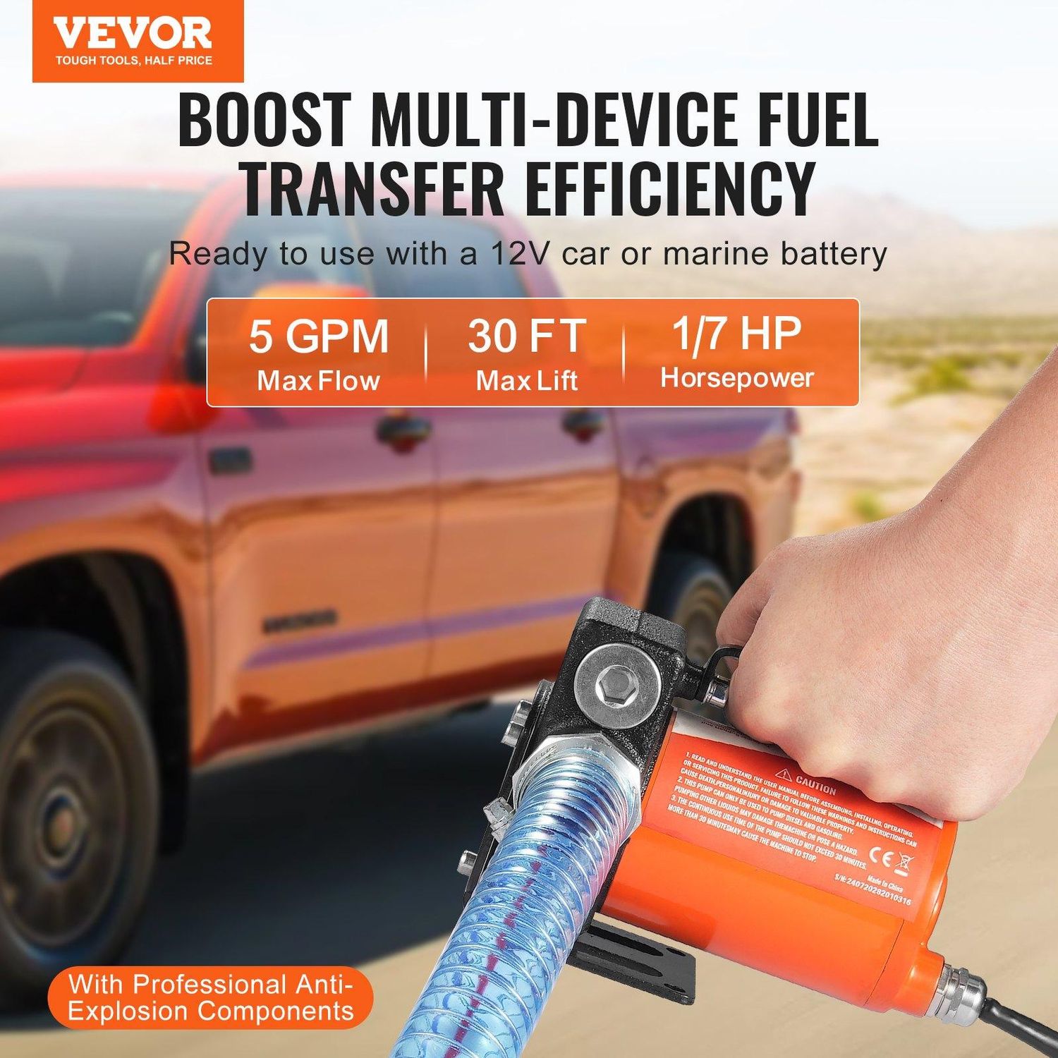 VEVOR Fuel Transfer Pump, 12V DC 5.3 GPM 1/10 HP, Portable Electric Diesel