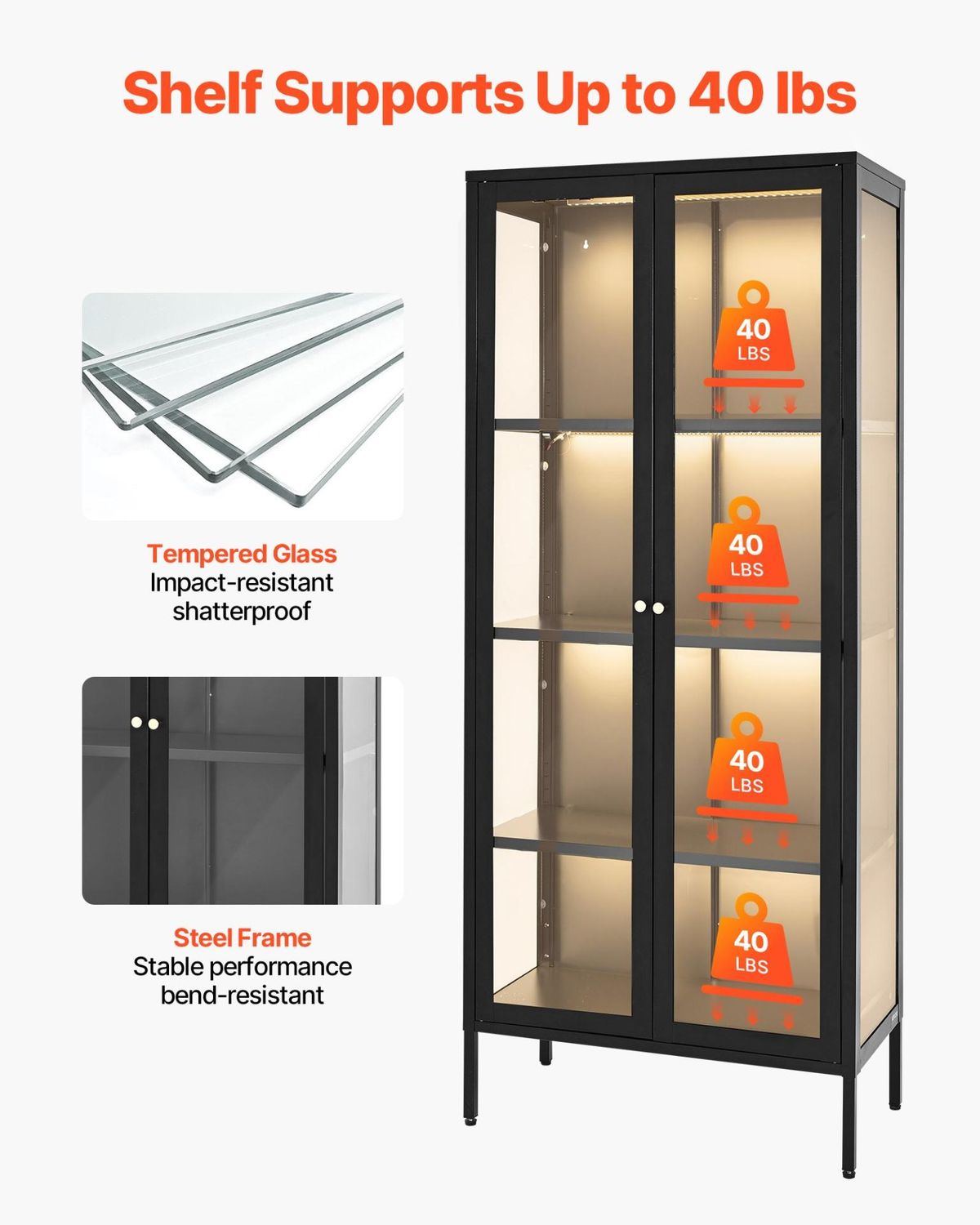 VEVOR Display Cabinet with Glass Door, 66 in Tall 4-Tier Lighted Display Case
