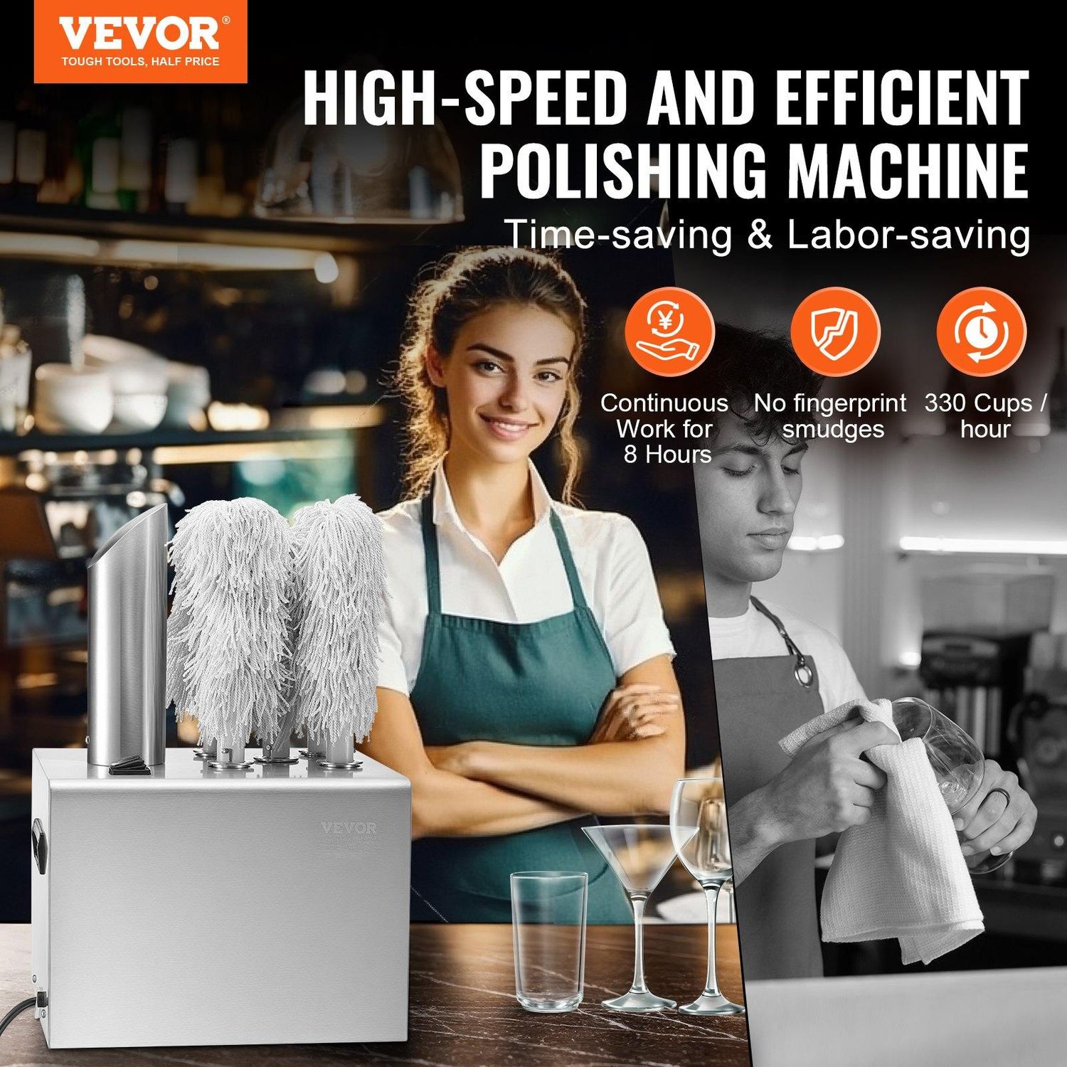 Wine Glass Polisher 5-Brush Polishing Machine 330Cups/H for Bar Restaurant, Number of Brush Heads: 5 Brushes