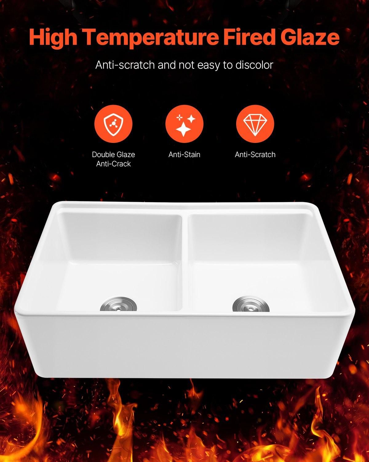 VEVOR 33x20 inch Farmhouse Sink, White Sink Workstation, Fireclay Undermount, Number of Sinks: Double Groove