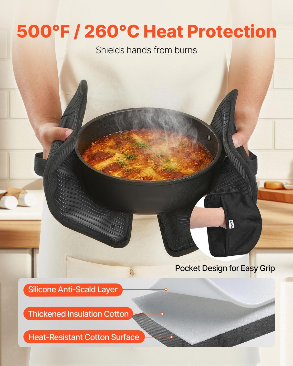 VEVOR Pot Holders, Heat Resistant to 500F with Ribbed Soft Anti-Slip Silicone