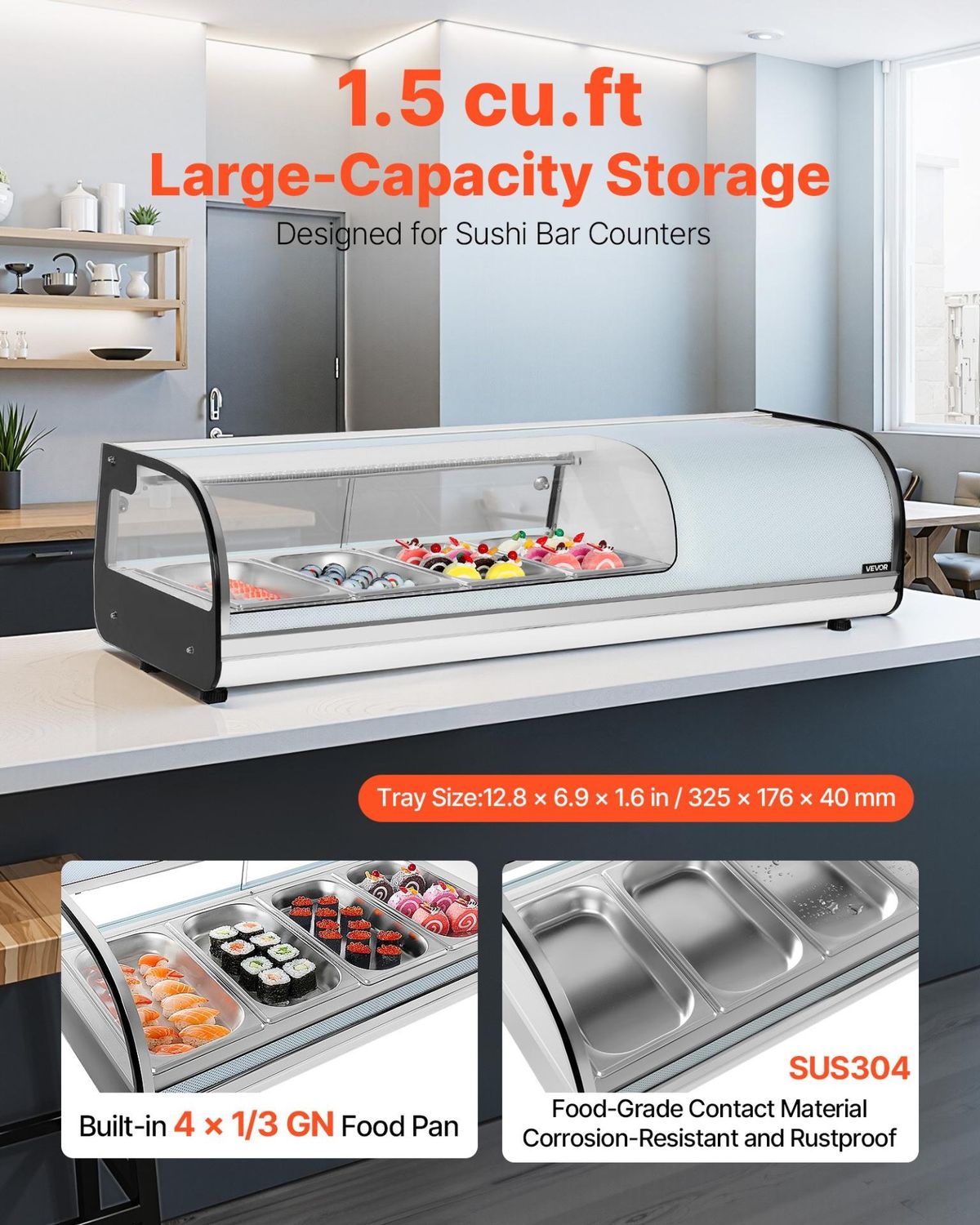 VEVOR Sushi Display Case Refrigerator, 1.5 Cu.ft Commercial Sushi Case, 4-Pan
