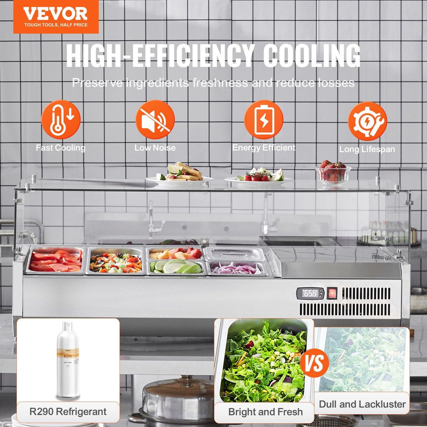 VEVOR Refrigerated Condiment Prep Station, 135 W Countertop Refrigerated, Trays Number: Combo Tray (2+4)
