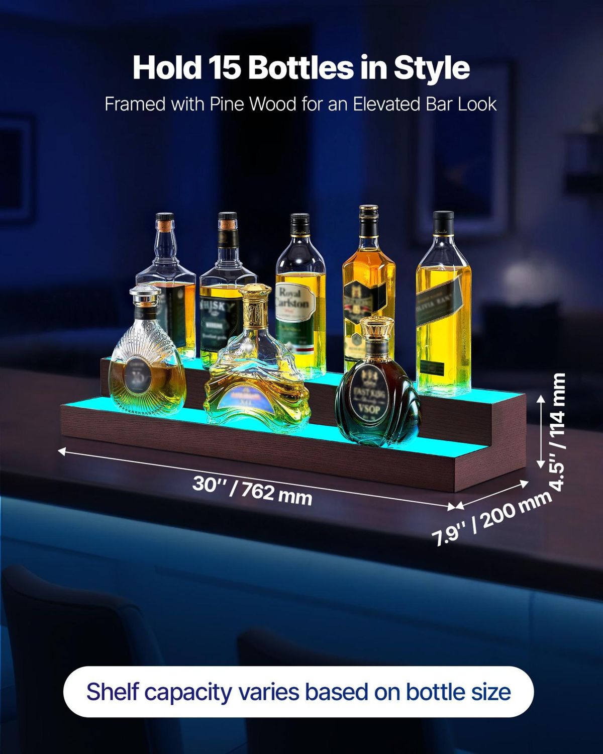 VEVOR LED Lighted Liquor Bottle Display, 2-Tier 30-Inch Whiskey Rack, Support