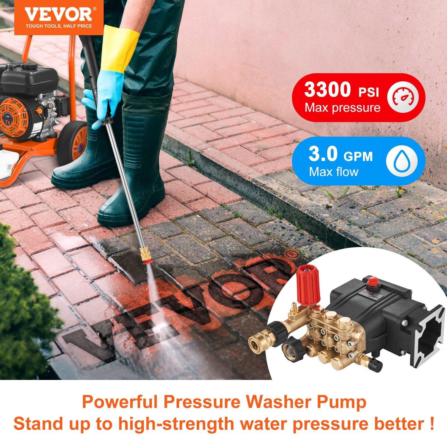 VEVOR Pressure Washer Pump, 3/4&quot; Shaft Horizontal Triplex Plunger, 3700 PSI, 2.5, Shaft Diameter: 3/4 inch