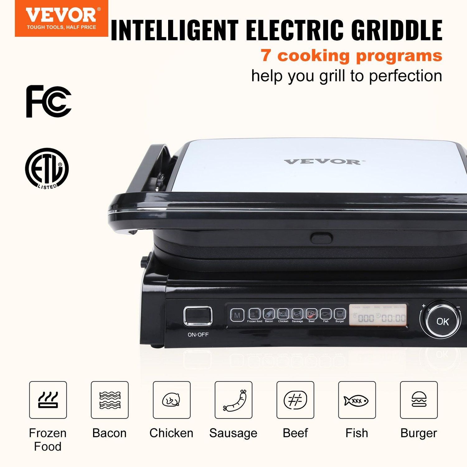 VEVOR 7 IN 1 Commercial Electric Griddle, 14.4&quot; 1800W Indoor Countertop Grill, Flatbed Type: Full Flat