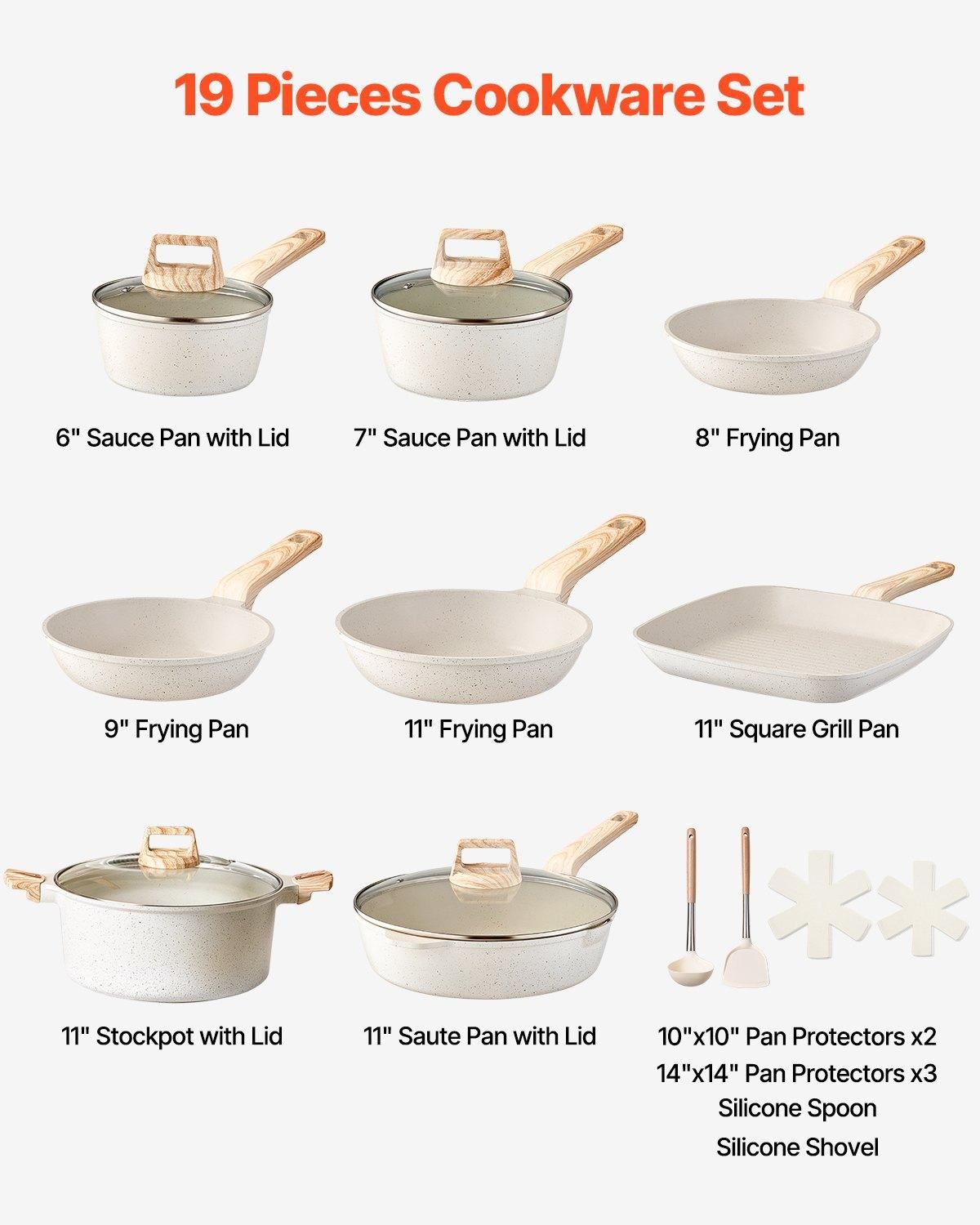 VEVOR 19 Piece Pots and Pans Set Nonstick, Granite Cookware Set, Induction, Color: White