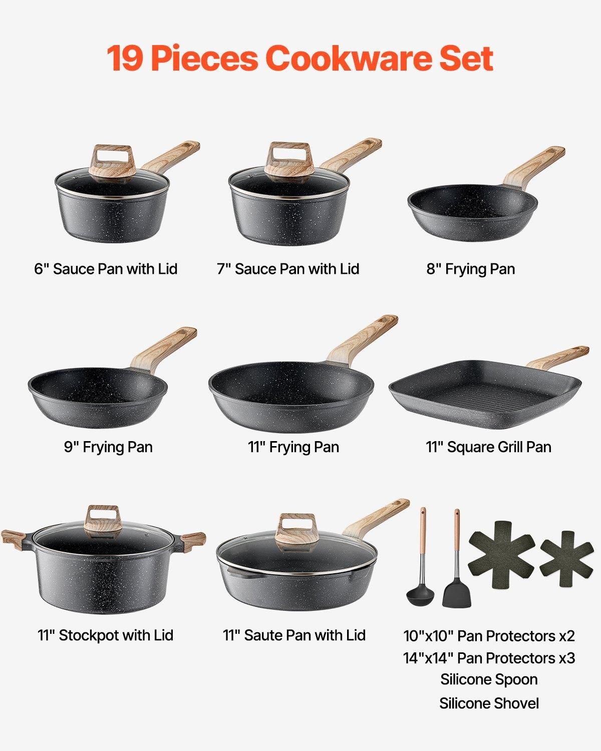 VEVOR 19 Piece Pots and Pans Set, Granite Nonstick Cookware Set, Induction, Color: Black