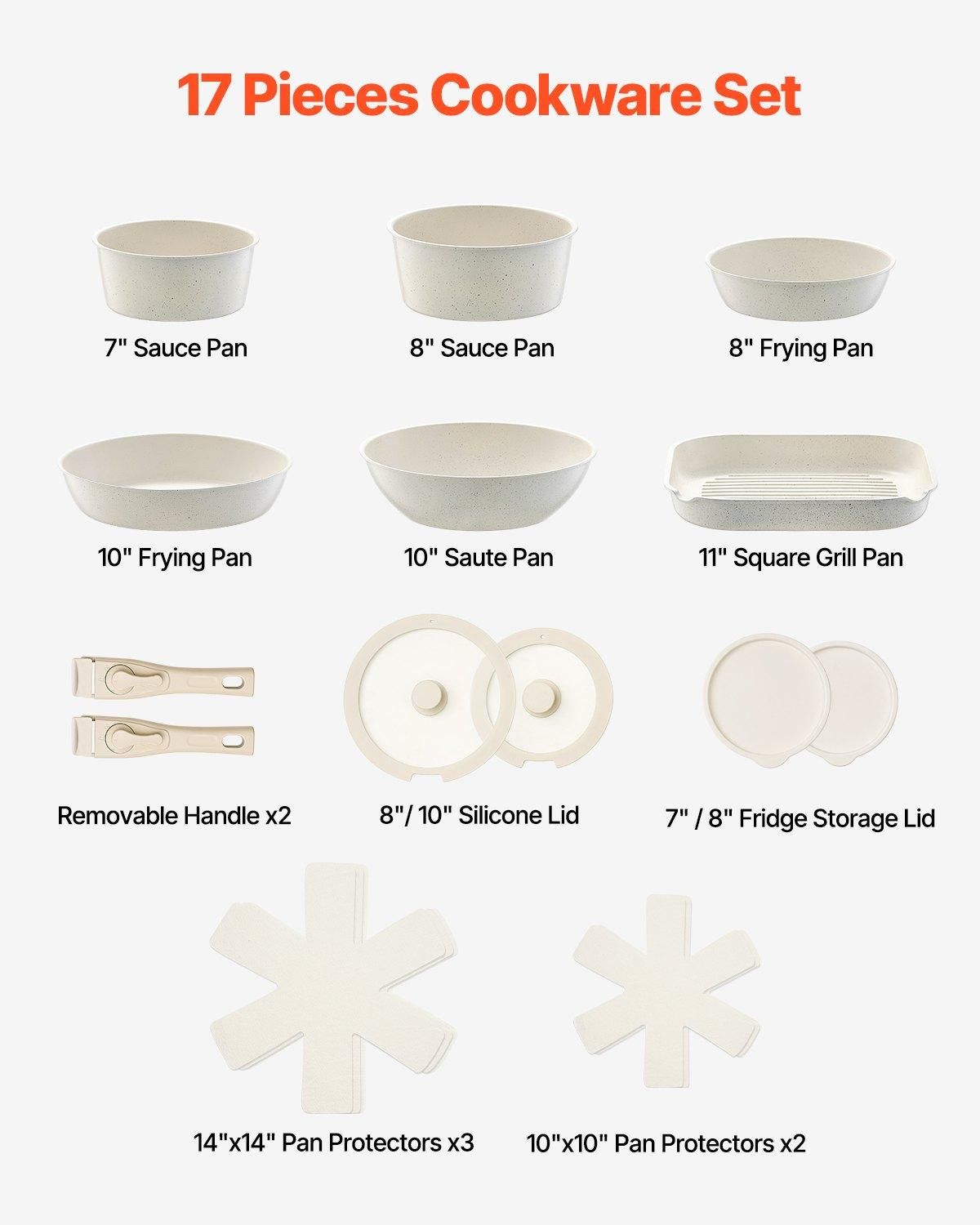 VEVOR 17 Piece Pots and Pans Set Nonstick, Detachable Handle Cookware, Space, Color: White-Detachable Handle
