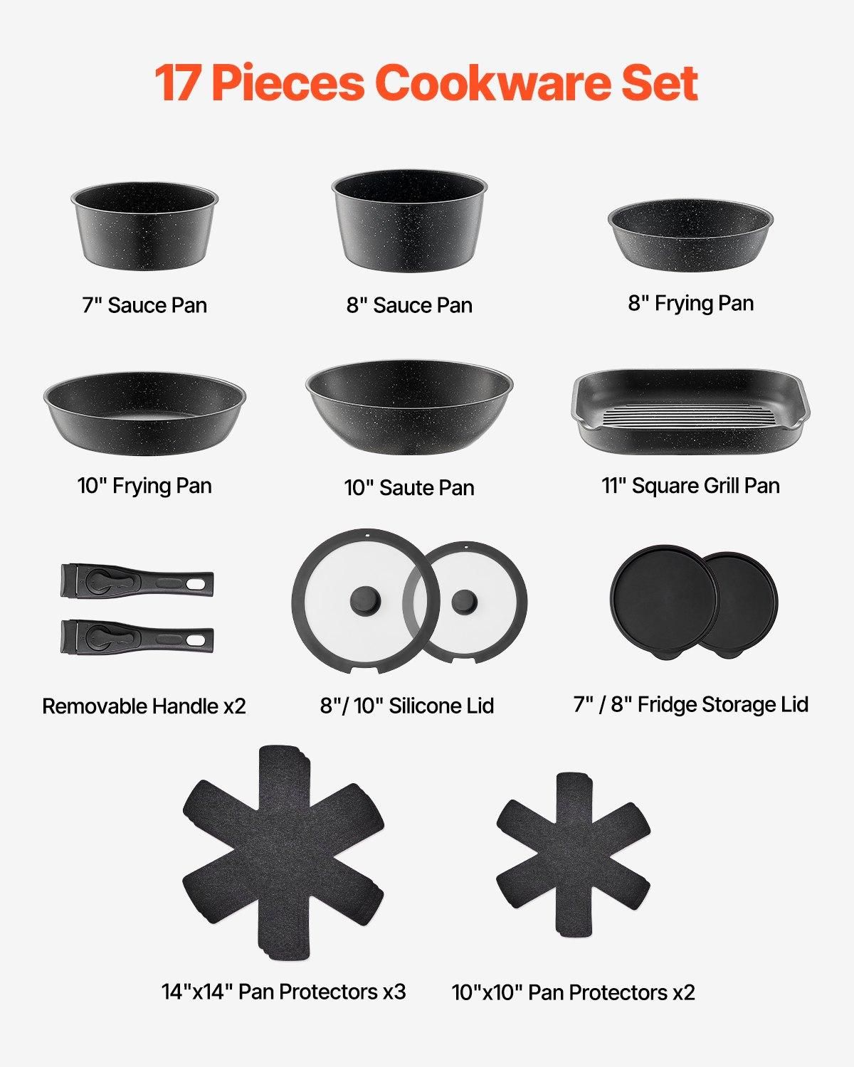 VEVOR 17 Piece Pots and Pans Set, Granite Nonstick Detachable Handle Cookware, Color: Black-Detachable Handle