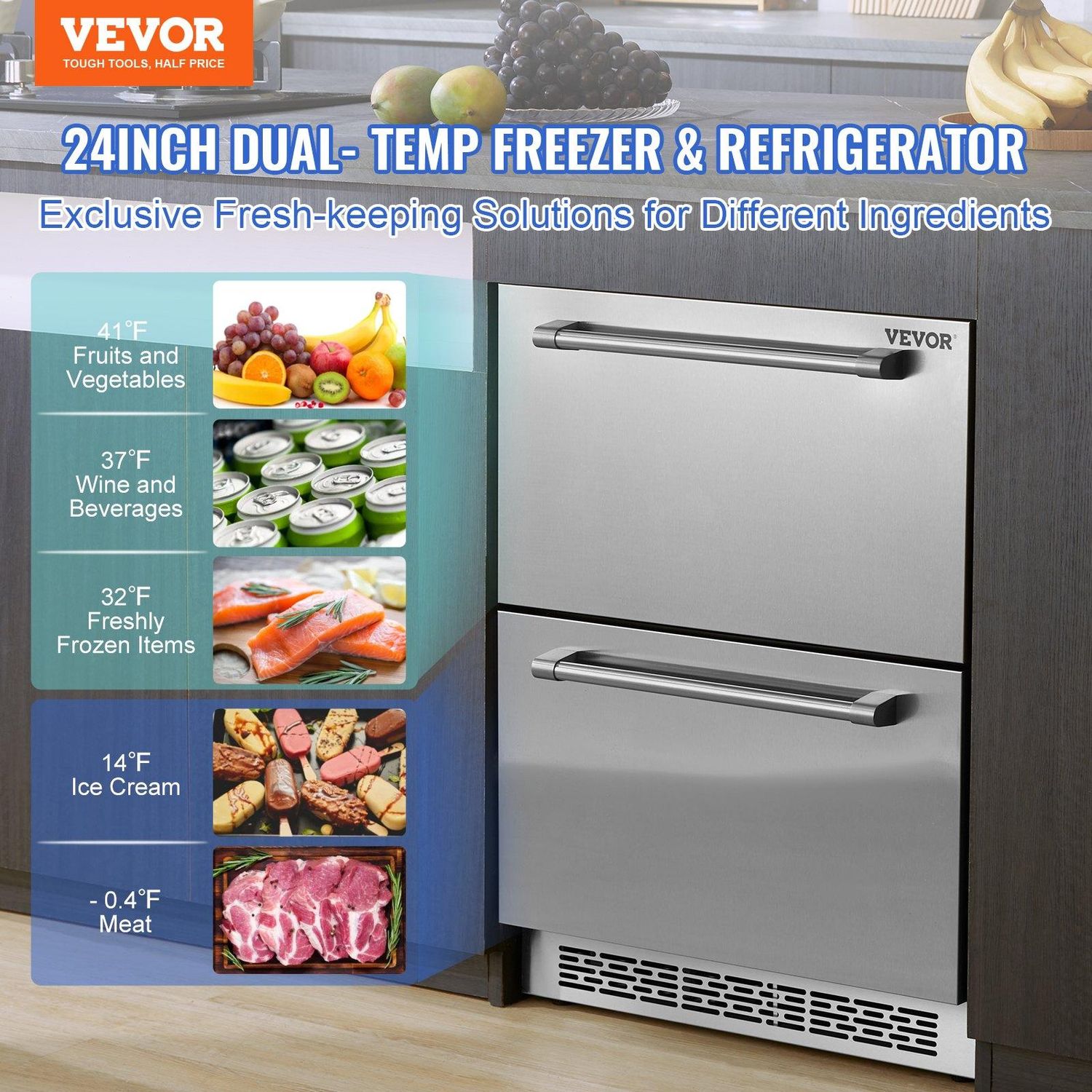 VEVOR 24 inch Undercounter Refrigerator, 2 Drawer Refrigerator with Different