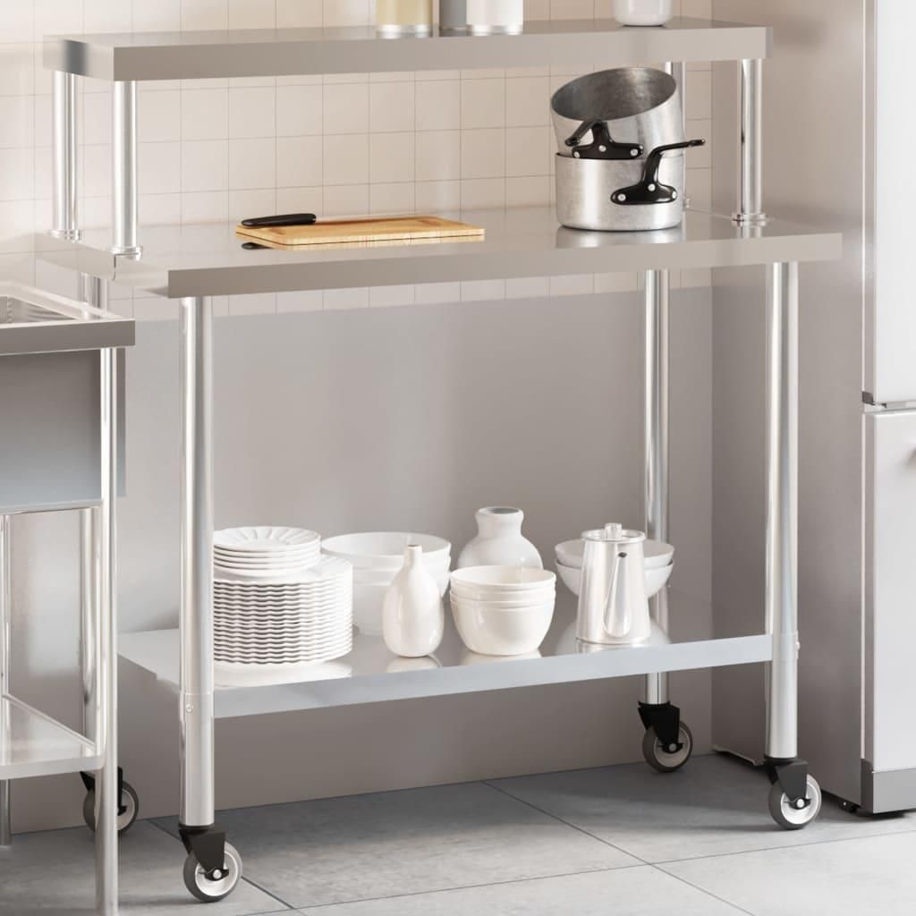 vidaXL Kitchen Work Table with Overshelf 43.3&quot;x21.7&quot;x47.2&quot; Stainless Steel