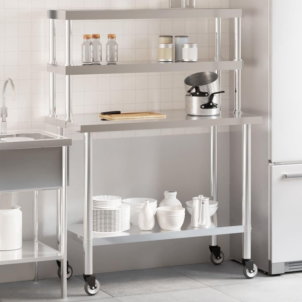 vidaXL Kitchen Work Table with Overshelf 43.3&quot;x21.7&quot;x59.1&quot; Stainless Steel
