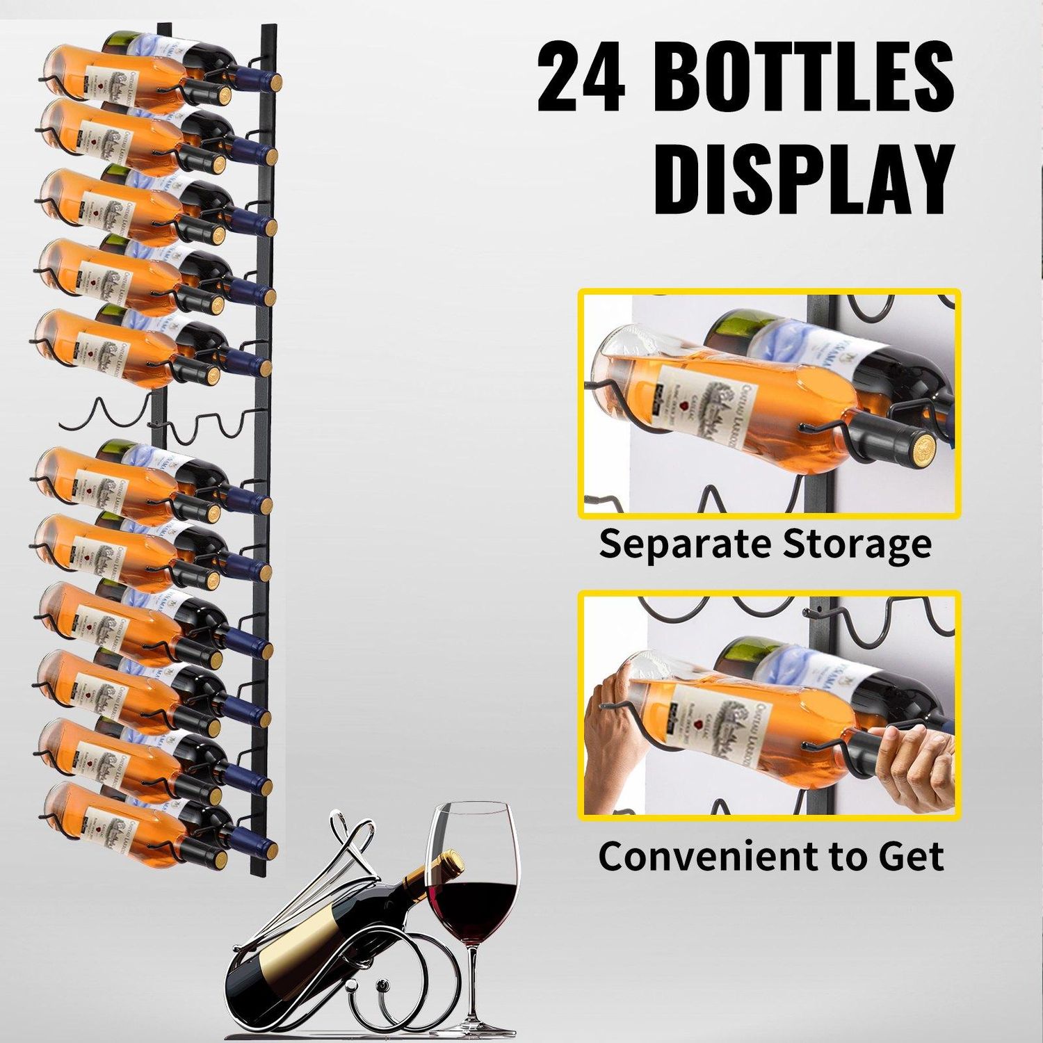 VEVOR Wall Mounted Wine Rack, 12x2 Bottles Wine Holder Towel Rack, Black Steel