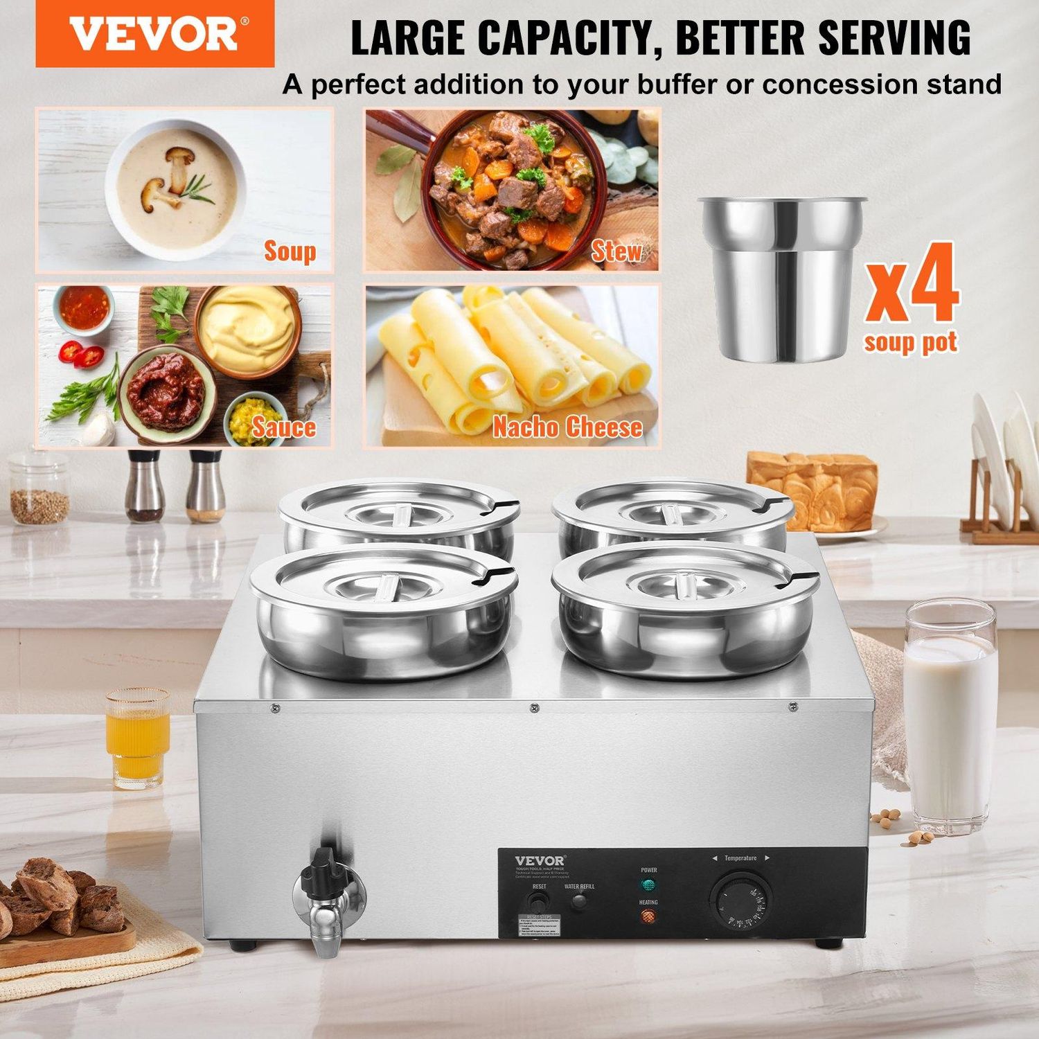 VEVOR Electric Soup Warmer, Four 7.4QT Stainless Steel Round Pot, 1500W, Number of Containers: 4