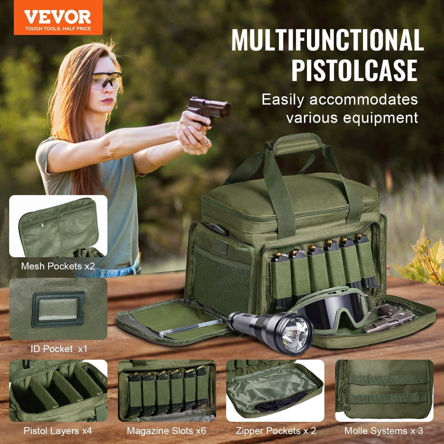 VEVOR Range Bag for 4 Pistols Tactical Gun Range Bag Single Shoulder Strip Green, Product Size: 37 x 26 x 23 cm