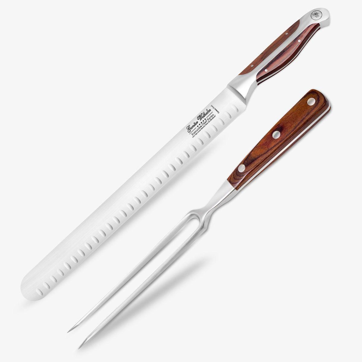 Gunter Wilhelm Thunder 12 inch Slicer Knife &amp; Carving Fork Set | Brown Pakkawood