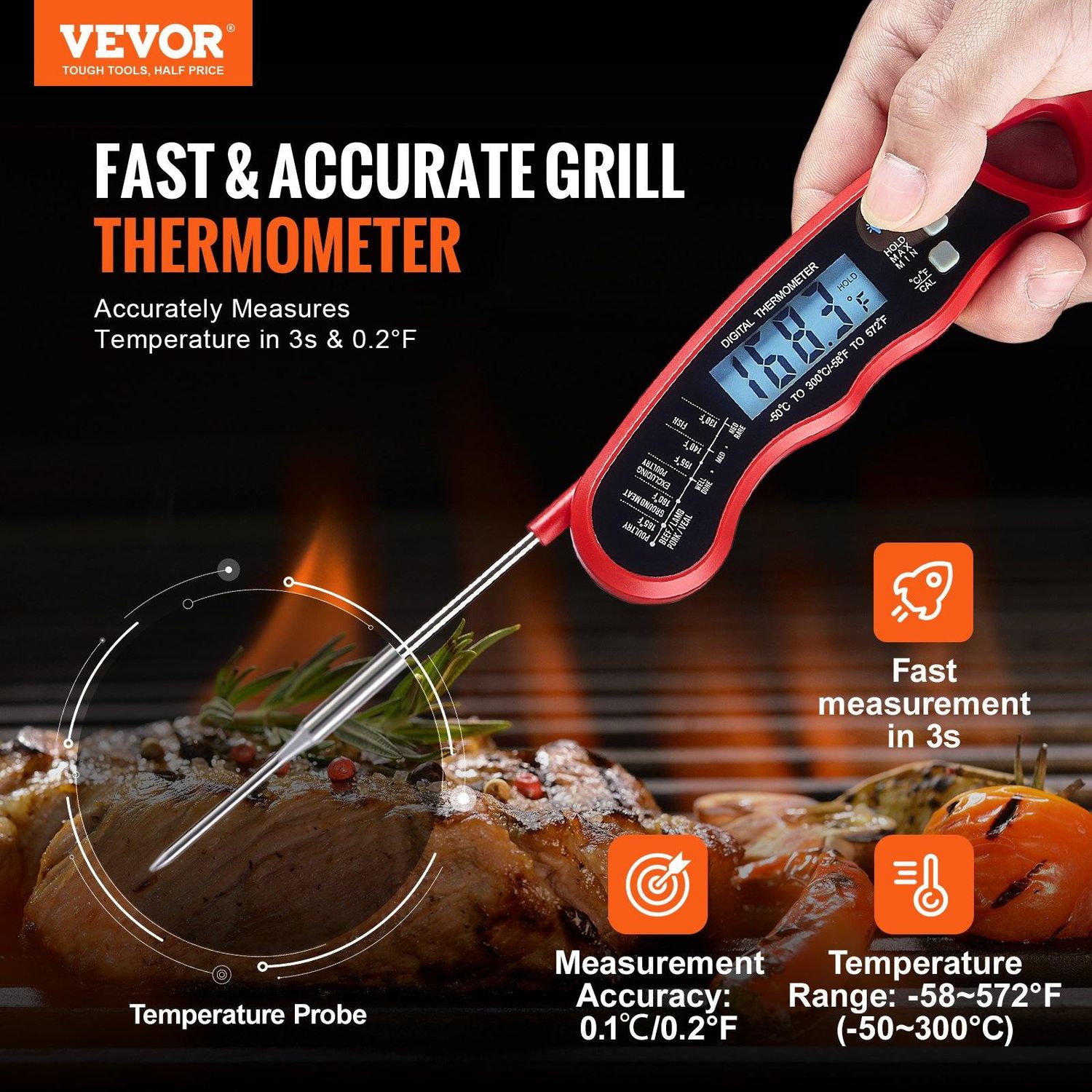 VEVOR Digital Grill Thermometer, 1F High-precision thermometer for Grill and