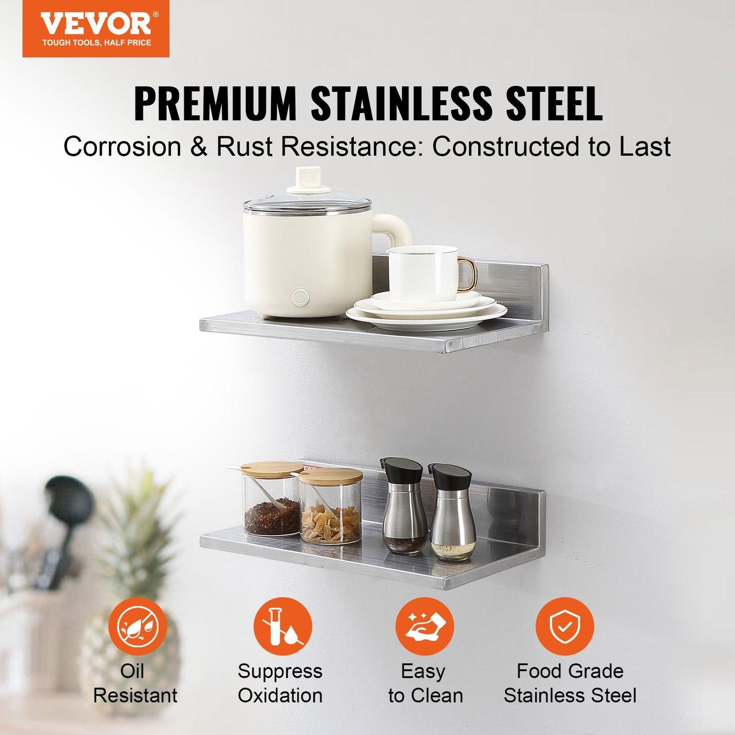 VEVOR 8.6&quot; x 16&quot; Stainless Steel Shelf, Wall Mounted Floating Shelving with, Partition Size: 8.6 x 16 inch