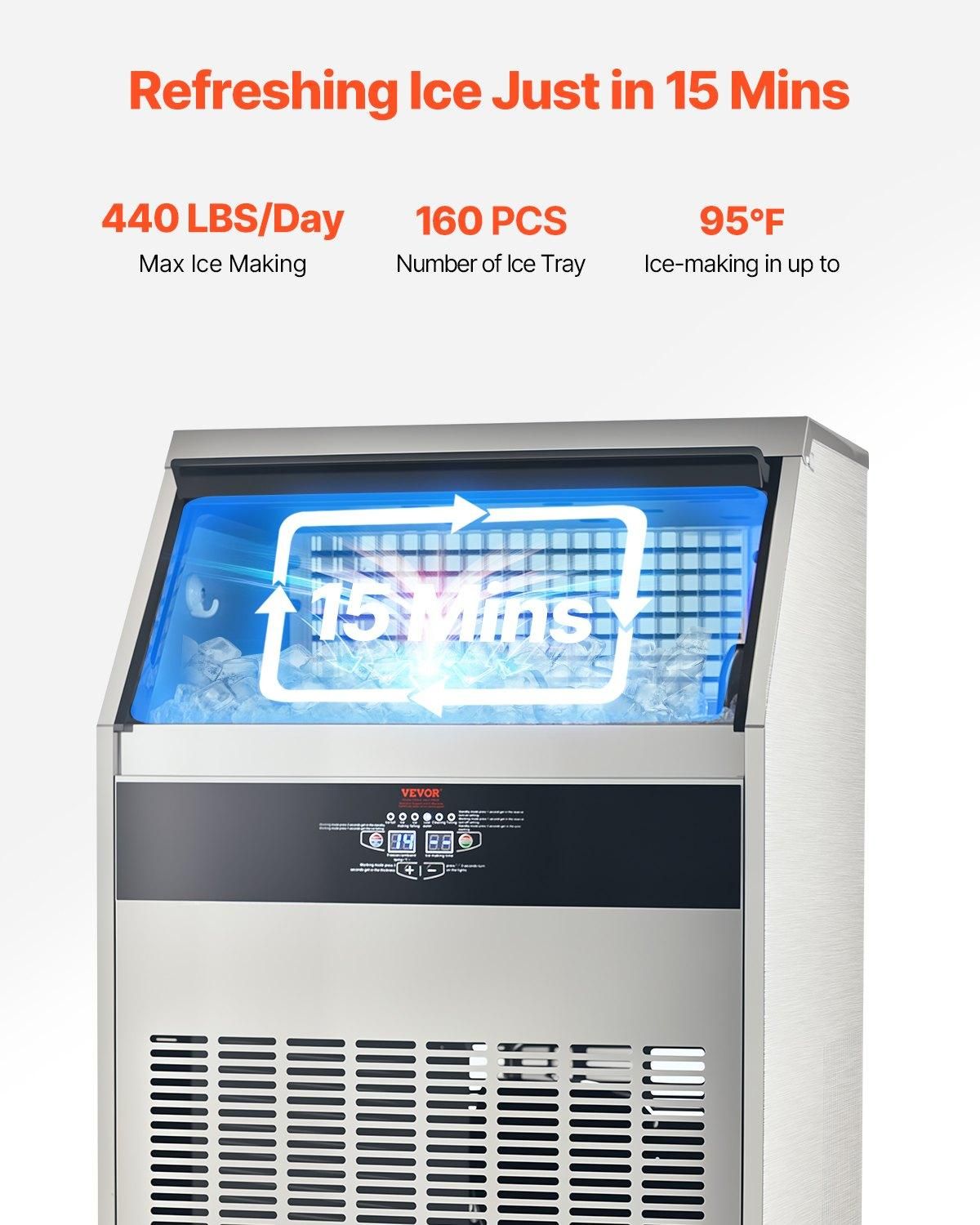 VEVOR Commercial Ice Maker Machine, 440lbs/24H Ice Maker Machine with 130lbs, Ice Making Capacity: 440lbs/24h