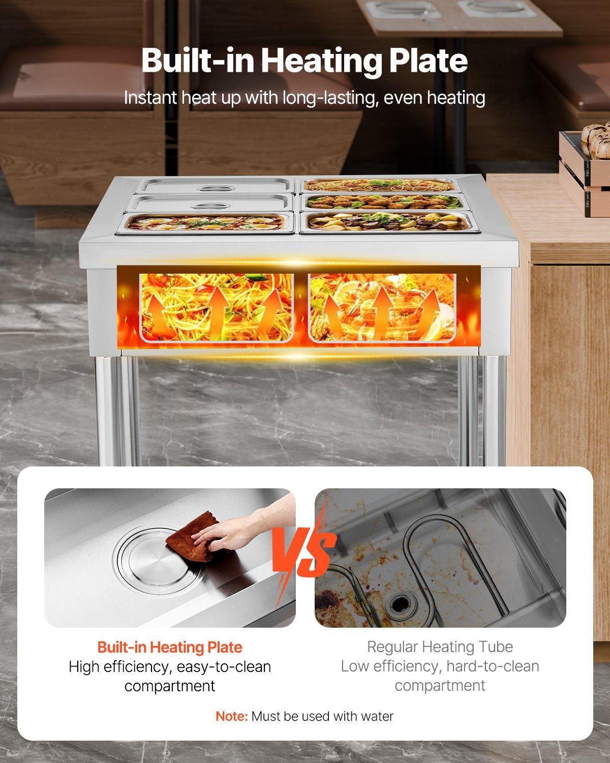 VEVOR 6-Pan Commercial Food Warmer, 6 x 1/3 Pans Electric Steam Table, 1500W, Serving Tray Set: 6x1/3 Food Pans
